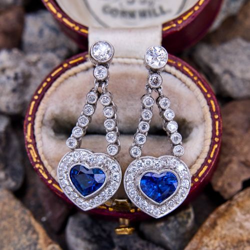 Heart Sapphire Old Euro Diamond Dangle Earrings Platinum