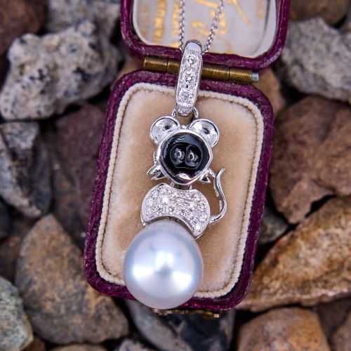 Pavé Diamond & Pearl Mouse Enhancer Pendant Necklace 18K White Gold
