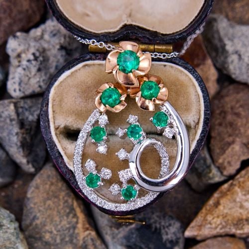Two Tone Diamond & Emerald Pendant Necklace 18K Gold