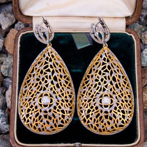 Marvelous Lace Design Diamond Earrings 14K Two Tone Gold