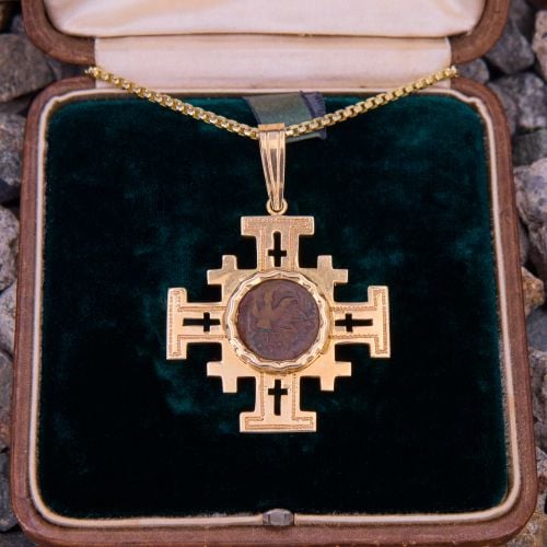 Coin Jerusalem Cross Pendant Necklace 14K Yellow Gold