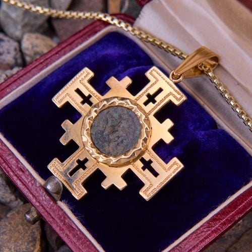 Bold Jerusalem Cross Coin Pendant Necklace 14K Yellow Gold