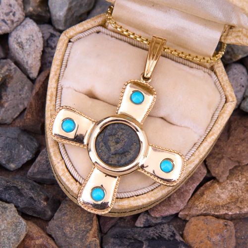 Coin & Turquoise Pendant Necklace 14K Yellow Gold