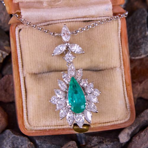 Marquise Diamond & Emerald Pendant Necklace 18K White Gold