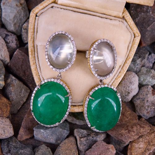 Glimmering Moonstone & Green Quartz Dangle Earrings 18K Two Tone Gold