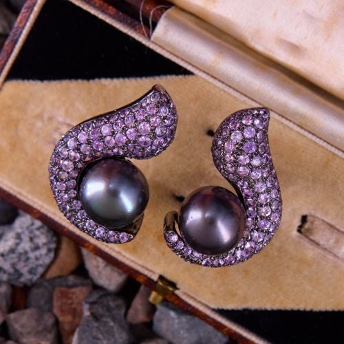 Tahitian Pearl Pink Sapphire Earrings 18K Gold