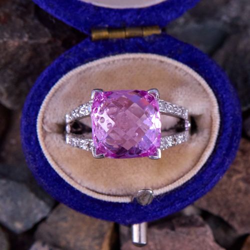 Checkerboard Cut Lab Created Pink Sapphire Ring 14K White Gold