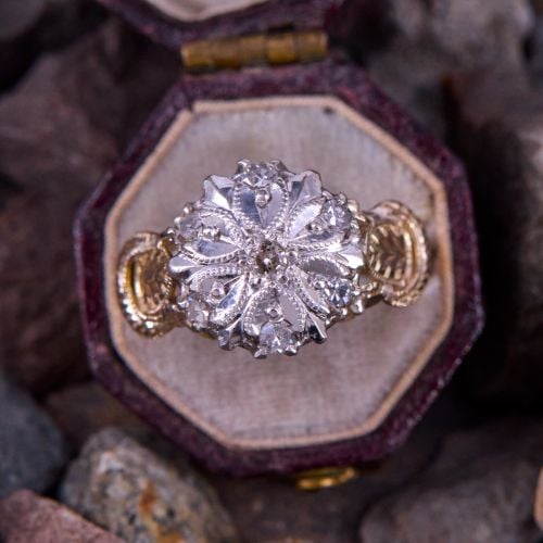 Vintage Milgrain Diamond Cluster Ring Two Tone Gold