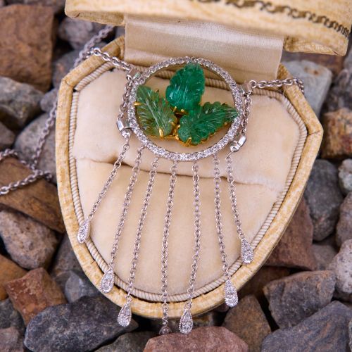 Carved Emerald Leaf & Diamond Necklace 18K Two Tone Gold