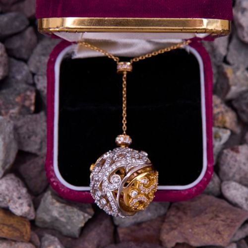 Open Gold Work Diamond Ball Necklace 18K Two Tone Gold