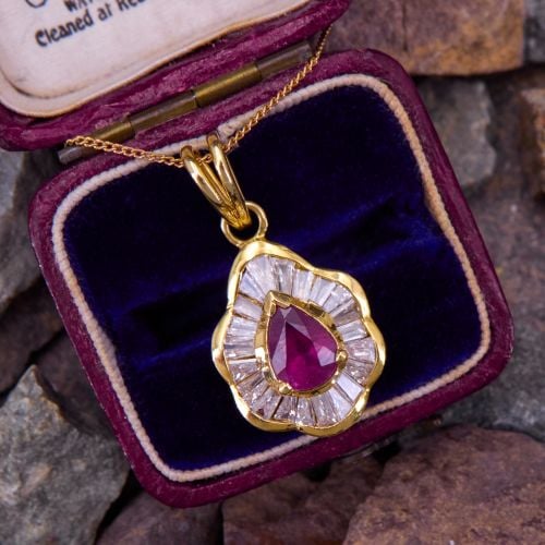 Pear Cut Ruby & Diamond Pendant Necklace 18K Yellow Gold