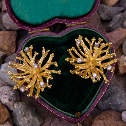 Mid Century Organic Diamond Earrings 18K Yellow Gold