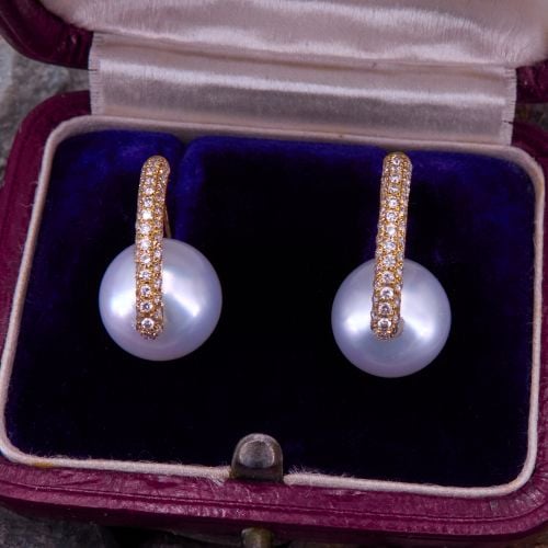 Pavé Diamond & South Sea Pearl Hoop Earrings 14K Yellow Gold