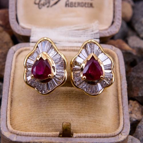 Pear Ruby Diamond Halo Earrings 14K Yellow Gold