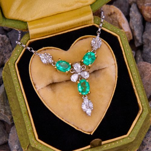 Pear Diamond & Oval Emerald Drop Necklace 18K Two Tone Gold