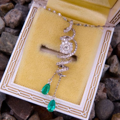 Diamond Spiral & Emerald Pendant Necklace 18K White Gold