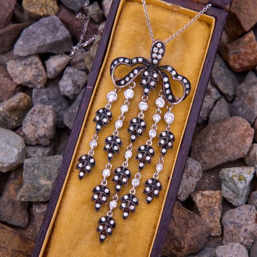 Antique Style Diamond Bow Motif Pendant Necklace 18K/ 14K White Gold