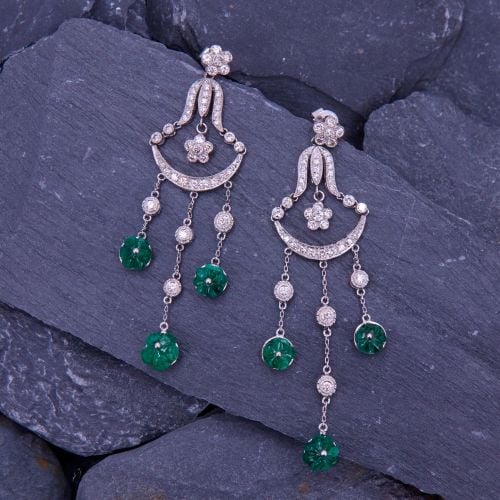 Carved Flower Emerald & Diamond Chandelier Earrings 18K White Gold