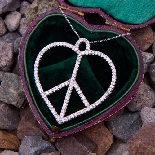 Heart Peace Sign Diamond Pendant Necklace 14K White Gold