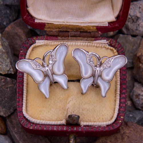 Pearlescent Resin & Diamond Butterfly Earrings 18K White Gold