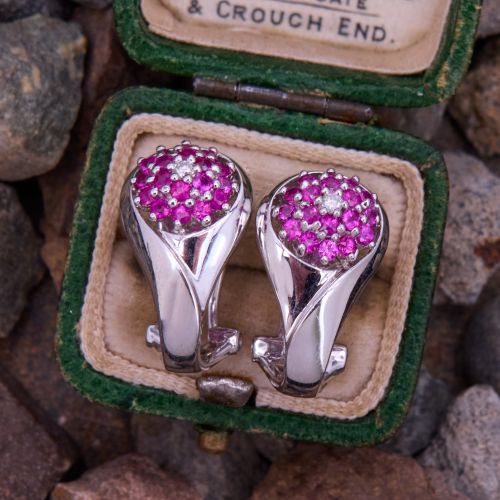 Teardrop Cluster Ruby & Diamond Earrings 14K White Gold