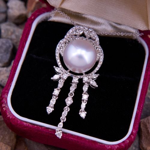 South Sea Pearl Pendant Necklace w/ Diamonds 18K White Gold