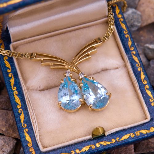 Twin Pear Cut Topaz Necklace 14K Yellow Gold