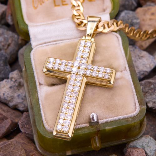 Substantial Diamond Cross Pendant Necklace 14K Yellow Gold