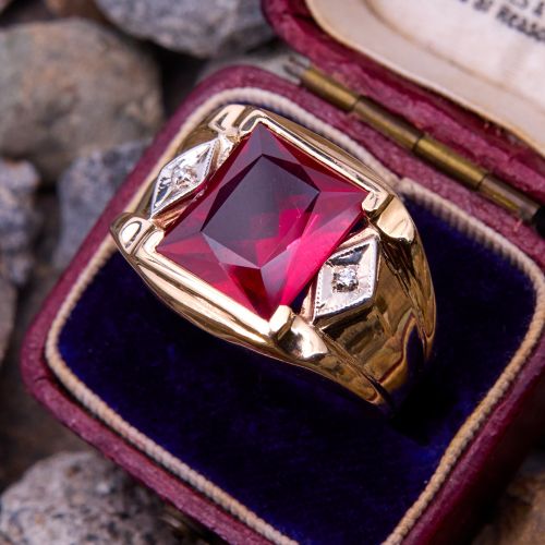 Vintage Mens Created Ruby Ring 14K Yellow Gold