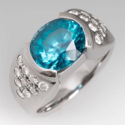 Blue Zircon Cocktail Ring w/ Diamond Accents 18K White Gold