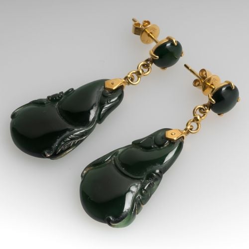 Very Dark Green Untreated Jadeite Jade Gourd Earrings 18K