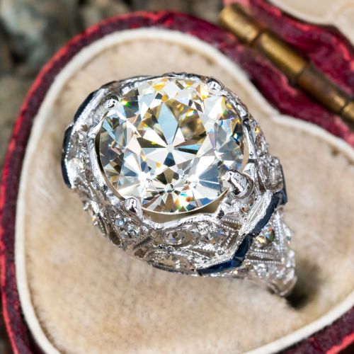 Art Deco 4 Carat Diamond Engagement Ring w/ Blue Accents 4.07ct O-P/VS1 GIA