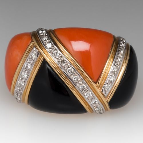 Coral Onyx & Diamond Dome Cocktail Ring 18K Gold