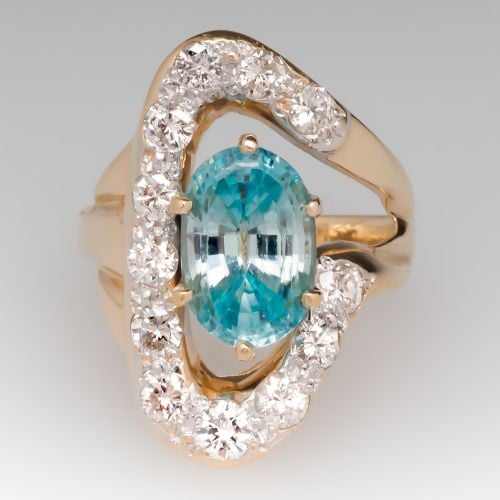 Unique Vintage 3.4 Carat Blue Zircon & Diamond Ring 14K
