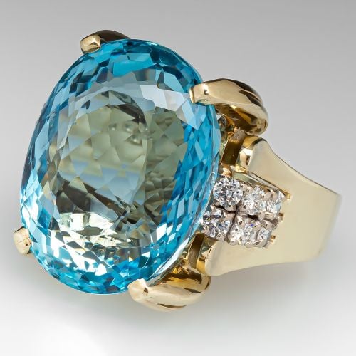 Giant Natural Aquamarine & Diamond Ring 14K Gold