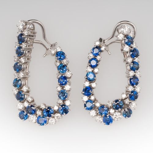 Electric Blue Sapphire & VS Diamond Large Hoop Earrings 14K White Gold