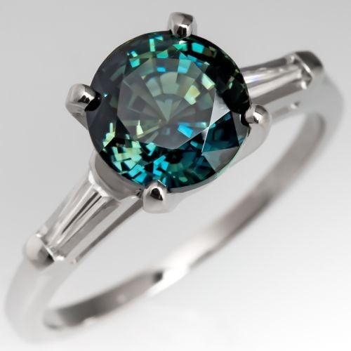 Blue Green Sapphire Engagement Ring in Platinum w/ Tapered Baguette Diamond Accents