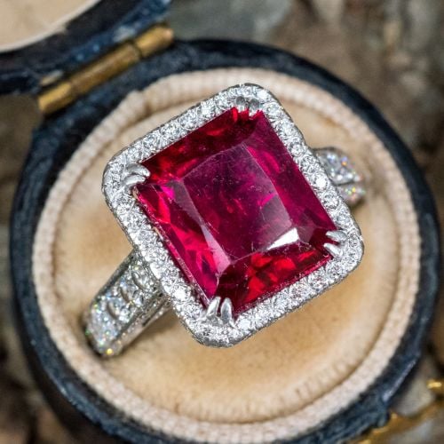 Rubellite Tourmaline Ring w/ Diamond Halo in Platinum Size 5