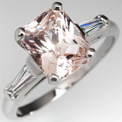 No Heat Peach Sapphire Engagement Ring w/ Baguette Diamonds in Platinum