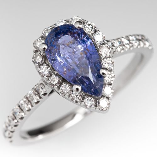 Pear Cut Violet Blue Sapphire Engagement Ring Diamond Halo 14K White Gold