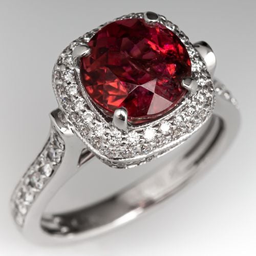 Round Cut Tourmaline Ring w/ Diamond Halo 18K White Gold