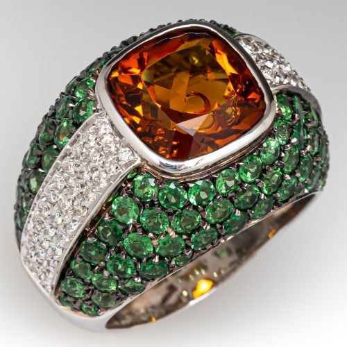 Madeira Citrine & Tsavorite Garnet Cocktail Ring 18K White Gold Size 7.5