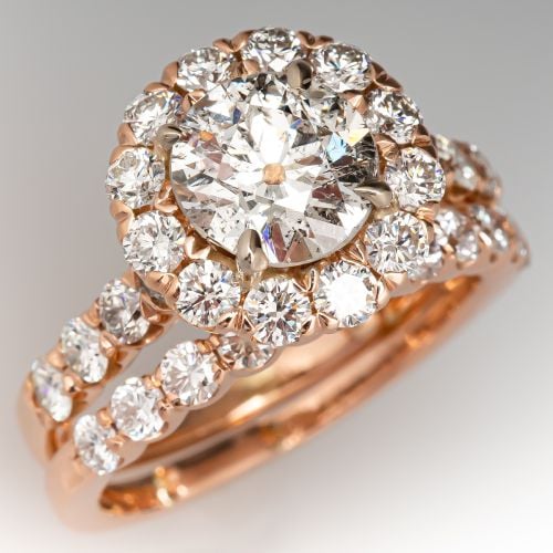 Modern Wedding Set w/ Old European Cut Diamond 14K Rose Gold 1.59Ct I/I1