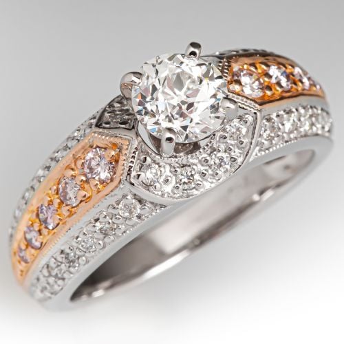 Old Euro Diamond Engagement Ring w/ Pink Diamond Accents 18K Two-Tone Gold .71Ct J/SI2 GIA