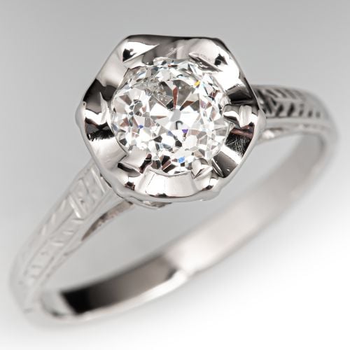 Old Mine Diamond Solitaire Engagement Ring 14K White Gold .83Ct J/I1
