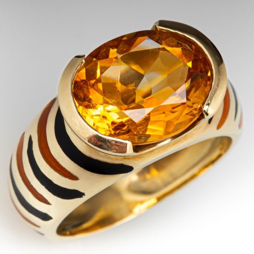 Enamel Stripes Citrine Ring 14K Yellow Gold