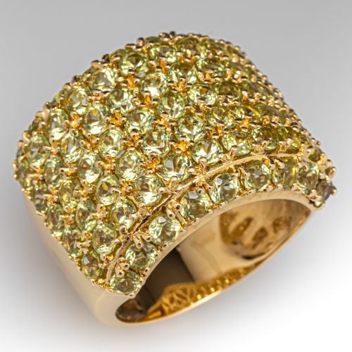 Pavé Peridot Wide Band Ring 18K Yellow Gold Size 6.75