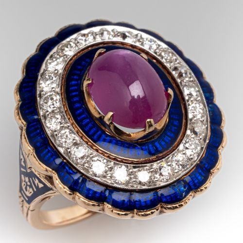 Pink Star Sapphire Blue Enamel Ring 14K Two Tone Gold