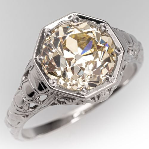 3 Carat Old European Cut Diamond Solitaire Ring 18K White Gold UV/SI2 GIA