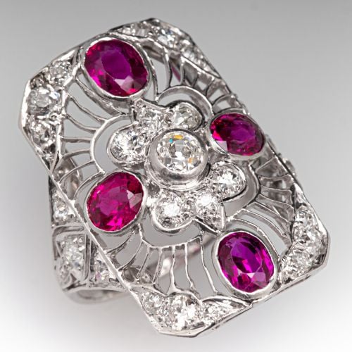1920s Old European Cut Diamond & Ruby Dinner Ring Platinum